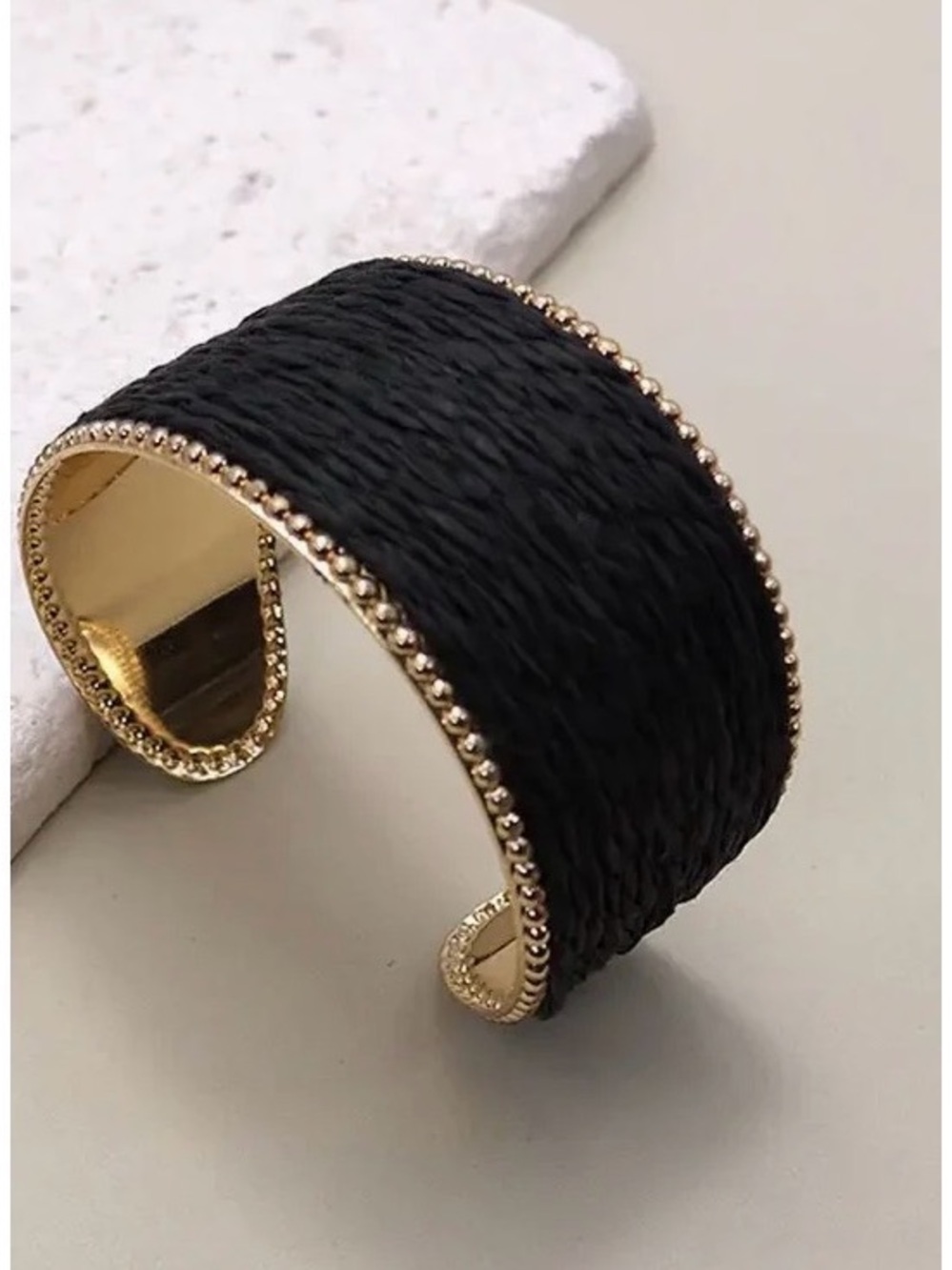 Black Woven Cuff Bracelet with Gold Tone Accents